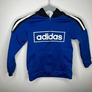 Adidas Boys blue stripes full zip hoodie Sz 6 casual pockets outdoor activewear